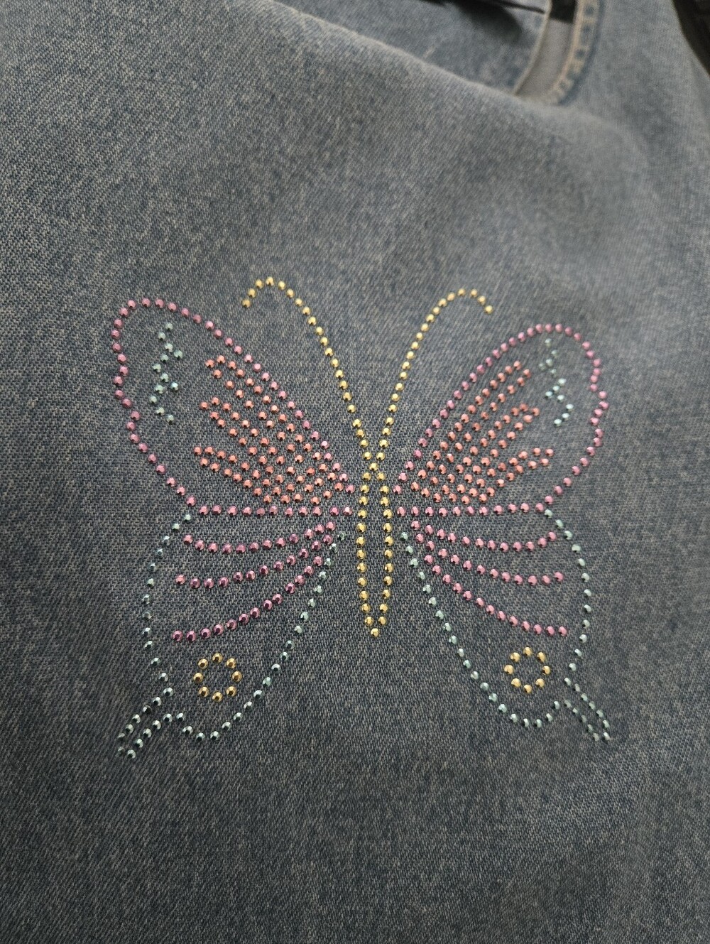 Vintage 90s Denim Mini Dress Butterfly Rhinestone Size Large - Picture 3 of 11
